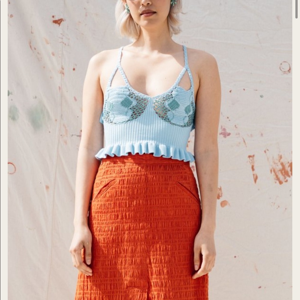 House of Sunny Palma Blue Crochet Knit Ruffle Tank *RARE FIND!!!*
